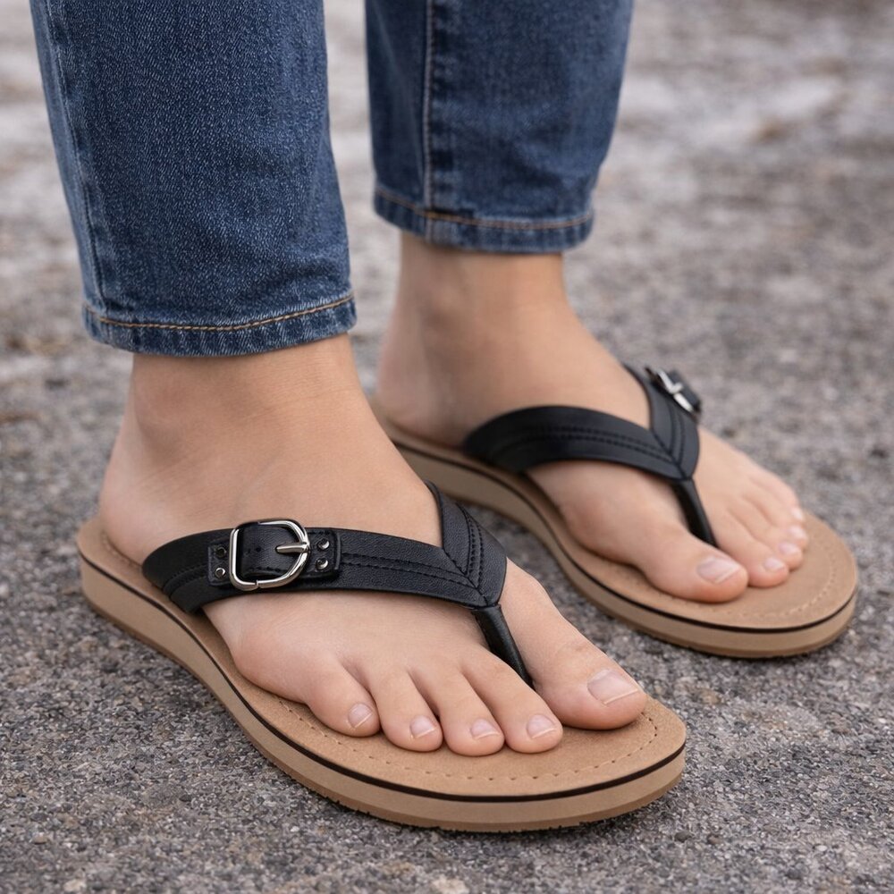 Kelly & Katie Briar Thong Sandals Black Buckle Flip Flops Womens Size 7.5
